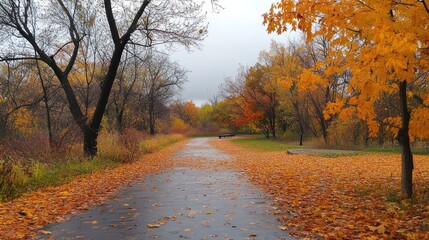 Wall Mural - Autumnal Pathway: A Serene Stroll Through Golden Leaves