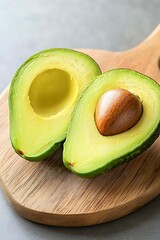 Fototapete - Fresh Avocado Halves on Wooden Board with Pits Visible in Kitchen