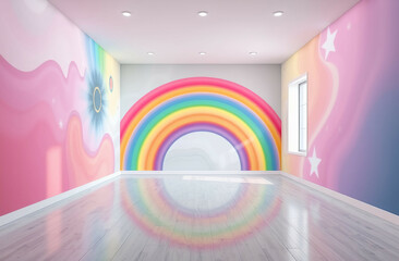 rainbow room corner empty interior with a modern wall, floor, and art wallpape