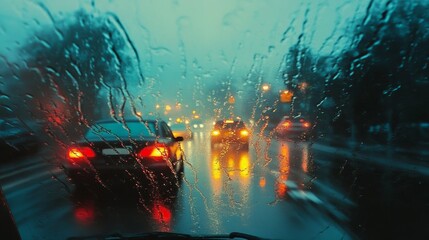 bad weather driving - driving on a freeway on a rainy and misty day