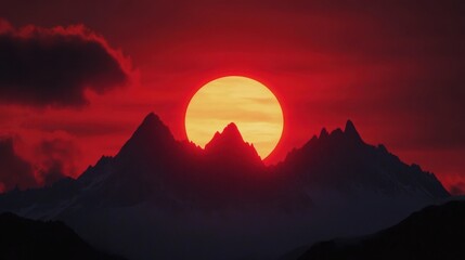 Wall Mural - Crimson Sunset over Majestic Mountains: A Fiery spectacle of nature's breathtaking beauty.