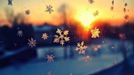 Wall Mural - Winter Sunset: Frozen Snowflake Magic on Window Pane