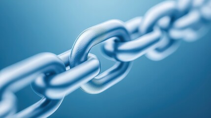 strong metallic chain links interlocked on vivid blue background, closeup of strength and connection