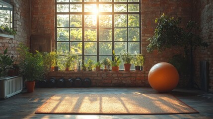 Leinwandbilder - exercise mat kettlebell dumbbells fitness ball and bottle by the window in a large roo