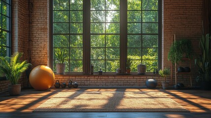 Leinwandbilder - exercise mat kettlebell dumbbells fitness ball and bottle by the window in a large roo