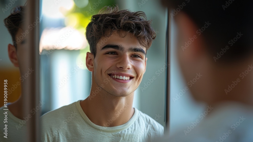 Stock-Foto „A young man smiling at his reflection in a mirror ...