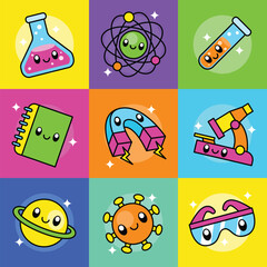 Set of cute kawaii science element vector illustration