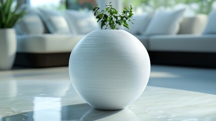 Poster - White spherical vase with plant on marble table.