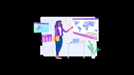 Poster - A European woman presenting data in an office with digital charts and a world map in the background.