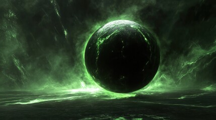 Wall Mural - mysterious glowing planet in eerie green nebula a stunning sci-fi digital art landscape