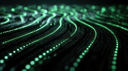 Fototapete - Abstract Green Digital Waveforms:  Network Data Flow Visualization