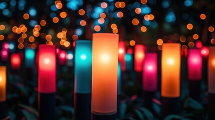 Sticker - Colorful illuminated cylindrical lights in a garden at night.