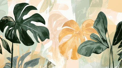 Wall Mural - Boho Tropical Botanicals â€“ Set of prints showcasing tropical plants, including monstera, in soft green, beige, and yellow tones with fluid, organic shapes.