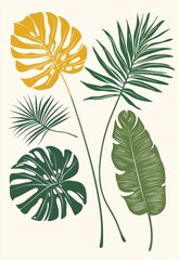  Boho Tropical Decor â€“ Collection of abstract monstera and palm leaves in green, beige, and yellow, with organic lines and a bohemian style.