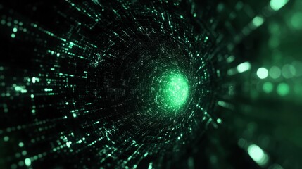 Poster - Abstract Digital Tunnel of Emerald Green Light Particles: A Journey into Cyberspace
