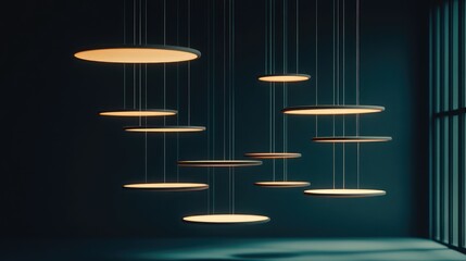 Poster - abstract custom shaped lights suspended in the air, glowing softly with ample space for text along t