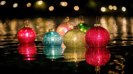 Poster - Abstract view of decorative lights reflecting on glass, creating colorful patterns against a black background