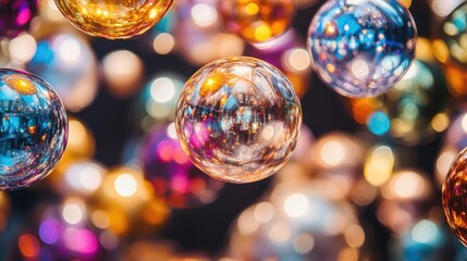 Poster - Abstract view of decorative lights reflecting on glass, creating colorful patterns against a black background