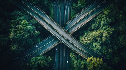 Poster - Aerial view of a multi-layered highway interchange with bridges and ramps forming a symmetrical network under a clear blue sky