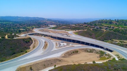 Poster - Aerial view of a multi-layered highway interchange with bridges and ramps forming a symmetrical network under a clear blue sky