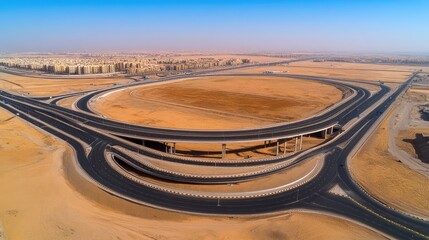 Poster - Aerial view of a multi-layered highway interchange with bridges and ramps forming a symmetrical network under a clear blue sky