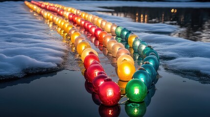 Poster - An abstract view of colorful Christmas lights reflecting on a snow-covered surface, creating a vibrant winter scene