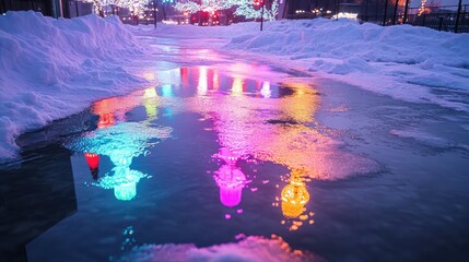 Poster - An abstract view of colorful Christmas lights reflecting on a snow-covered surface, creating a vibrant winter scene
