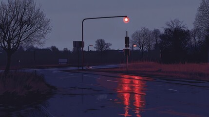 Poster - An empty urban road at night with glowing traffic lights and a reflective wet surface under dim streetlights, creating a moody scene