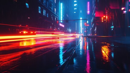 Poster - An empty urban road at night with glowing traffic lights and a reflective wet surface under dim streetlights, creating a moody scene