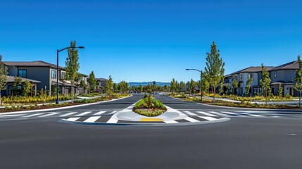Poster - A clean highway intersection with landscaped medians and modern road markings, surrounded by suburban homes under a clear sky