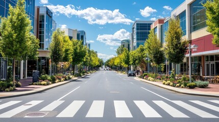 Poster - A clean urban crosswalk with sharp white lines on a wide street, bordered by modern glass storefronts and sidewalk cafes