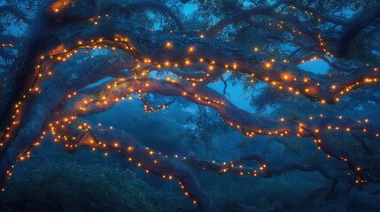 Poster - a close-up of colorful lights wrapped around a tree's branches, creating a warm glow against a dark 