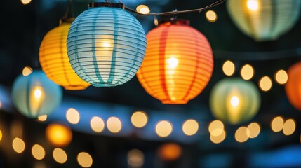Poster - A close-up of glowing festival lanterns suspended in the air, casting soft light with plenty of copy space in the foreground