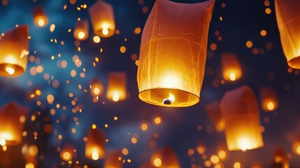 Poster - A close-up of lanterns lit with warm golden light, glowing against the night sky with open space for copy on the sides
