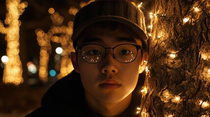 Poster - A close-up of warm, golden lights on a tree, creating a cozy ambiance with room for copy in the foreground