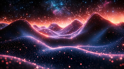 Poster - Luminous Cosmic Landscape: Abstract Nebula with Glowing Particles and Vibrant Hues