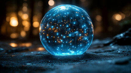 Poster - Luminous Blue Sphere in a Dark Forest at Night