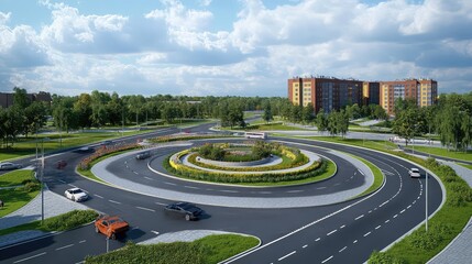 Poster - A high-angle view of a highway roundabout surrounded by modern architecture and landscaped medians, offering a dynamic composition