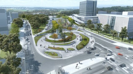Poster - A high-angle view of a highway roundabout surrounded by modern architecture and landscaped medians, offering a dynamic composition