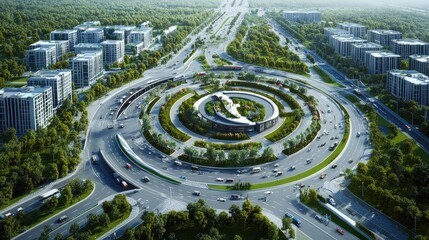 Poster - A high-angle view of a highway roundabout surrounded by modern architecture and landscaped medians, offering a dynamic composition