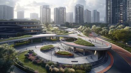 Poster - A high-angle view of a highway roundabout surrounded by modern architecture and landscaped medians, offering a dynamic composition