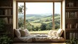 © Intach - A cozy reading nook with a panoramic view of green hills through wide windows, soft cushions, and a blanket on a sunny afternoon -