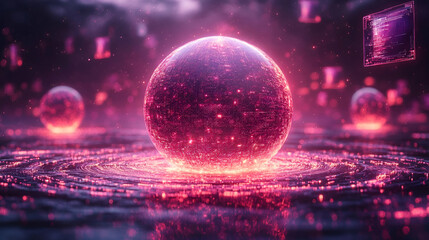 Poster - Luminous Pink Sphere Glowing with Energetic Particles in a Dark Abstract Setting