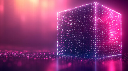 Poster - Luminous Pink and Purple Glowing Cube Abstract Digital Art