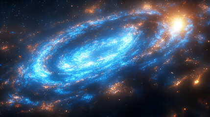 Poster - Luminous Spiral Galaxy in Deep Space: A Cosmic Tapestry of Blue and Orange Hues