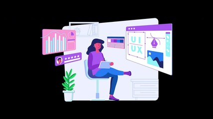 Aufkleber - A woman working on UI/UX design, featuring a modern workspace with charts and graphics.