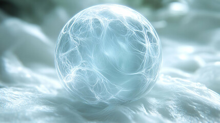 Poster - Luminous Blue Sphere on Soft White Fabric: Abstract Digital Art