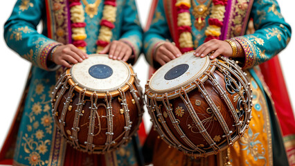 Two individuals playing traditional Indian drums