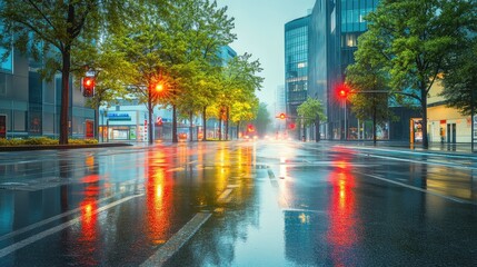 Poster - A sleek urban road with reflective surfaces from recent rain, modern architecture, and glowing traffic lights creating a futuristic vibe