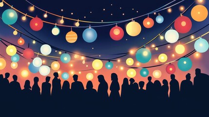 Poster - A soft-focus view of colorful festival lights glowing in the night, creating a cheerful and festive atmosphere